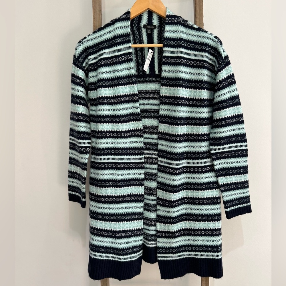 Talbots Fair Isle Open Front Cardigan Black Teal  Women’s Size XS NWT